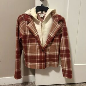 Rachel Zoe Red and Tan Plaid Blazer with Hood